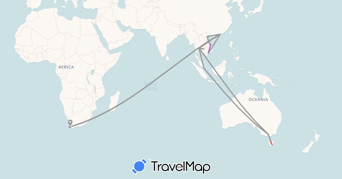 TravelMap itinerary: driving, bus, plane, train, hiking in Australia, China, Hong Kong, Cambodia, Macau, Singapore, Thailand, Vietnam, South Africa (Africa, Asia, Oceania)